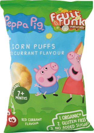 BIO kukuričné chrumky Pepa Pig s príchuťou červených ríbezlí Fruitfunk