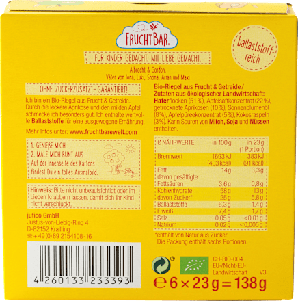 Fruchtriegel Bio Aprikose, Apfel und Hafer ab 12 Monaten FruchtBar