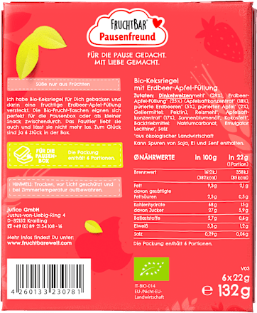Fruchtriegel Bio-Frucht-Tasche Erdbeere FRUCHTBAR Pausenfreund