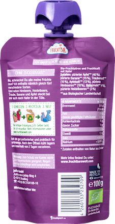 Quetschie Bio Himbeere, Heidelbeere, Traube, Banane, Apfel und Hafer ab 6 Monaten FruchtBar