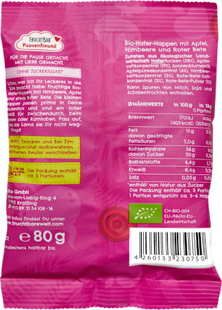 Kindersnack Pausenfreund Hafer-Happen, Himbeere, Apfel & Rote Bete ab 3 Jahren FRUCHTBAR Pausenfreund