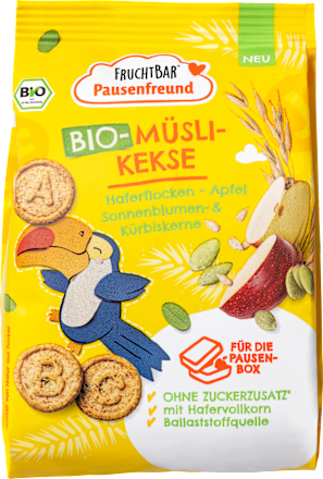 Kinderkekse Pausenfreund Müsli-Kekse, Haferflocken, Apfel, Sonnenblumen- und Kürbiskerne, ab 3 Jahren  FRUCHTBAR Pausenfreund