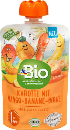 Bio gyümölcspüré sárgarépa mangóval, banánnal és körtével, 1 éves kortól dmBio