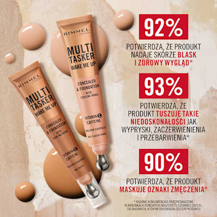 Korektor rozświetlający z masującym aplikatorem, witaminą C i niacynamidem Multi-Tasker Wake Me Up nr 030 Light  RIMMEL LONDON