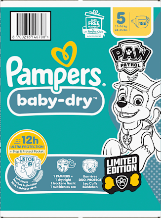 Windeln Baby Dry Gr.5 (11-16 kg) Limited Edition Paw Patrol, Monatsbox Pampers