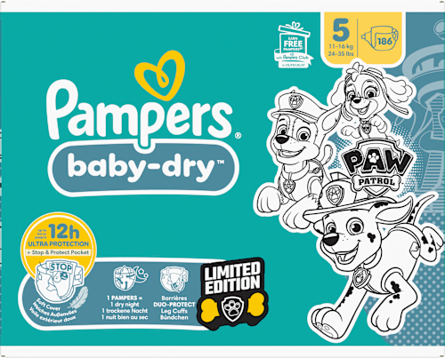 Windeln Baby Dry Gr.5 (11-16 kg) Limited Edition Paw Patrol, Monatsbox Pampers