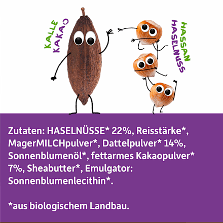 Kindersnack Brotaufstrich Haselnuss-Kakao-Creme Datteln, ab 3 Jahren Freche Freunde