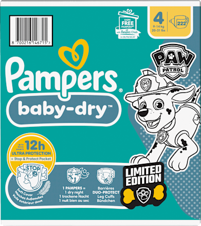 Windeln Baby Dry Gr.4 (9-14 kg) Limited Edition Paw Patrol, Monatsbox Pampers