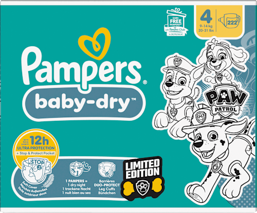 Windeln Baby Dry Gr.4 (9-14 kg) Limited Edition Paw Patrol, Monatsbox Pampers