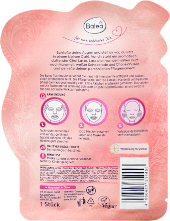 Maschera viso in tessuto con estratti di tè, olio di mandorla e profumo di chai latte Balea