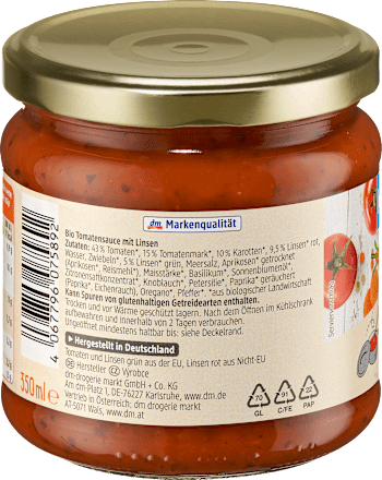 Tomatensoße, Bolognese mit Linsen, vegan dmBio