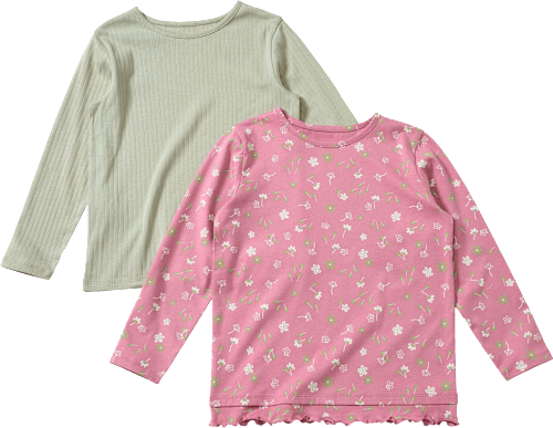 Langarmshirts mit Blumen-Muster, Rüschen & Ripp-Struktur, rosa + grün, Gr. 134  ALANA
