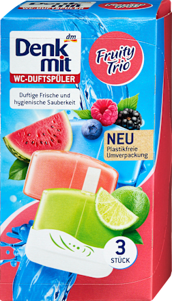 WC-öblítő és -illatosító kosárral Fruity-Trio, bogyós gyümölcs, dinnye és lime illattal Denkmit