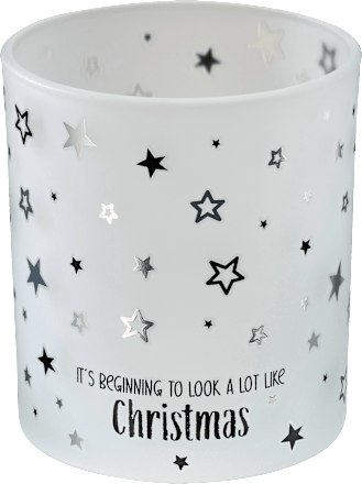 Kerzenhalter aus Glas "IT´S BEGINNING TO LOOK A LOT LIKE Christmas", weiß-silber-schwarz BOLTZE