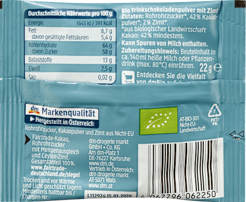 Trinkschokolade mit Zimt, Adventskalender zum Selbstgestalten 2025 dmBio