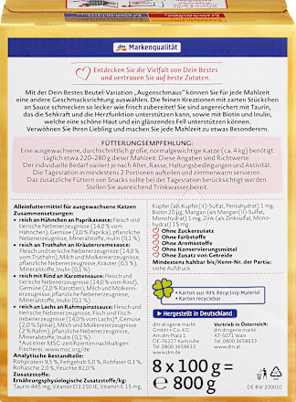 Nassfutter Katze reich an Huhn, Lachs, Rind & Truthahn in Sauce, Multipack (8x100 g) Dein Bestes