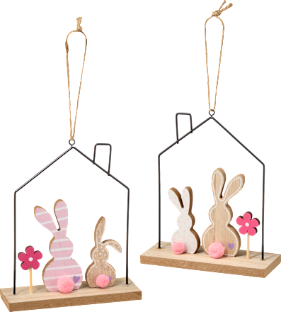 Metallhaus mit Holzhasen, natur-rosa Dekorieren & Einrichten
