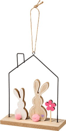 Metallhaus mit Holzhasen, natur-rosa Dekorieren & Einrichten