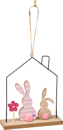 Metallhaus mit Holzhasen, natur-rosa Dekorieren & Einrichten