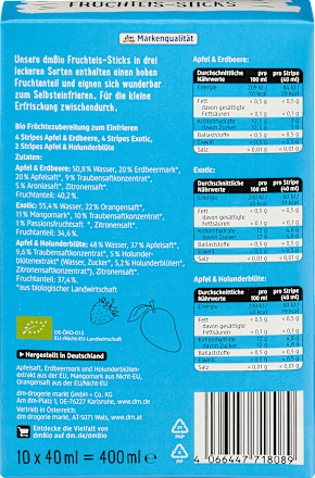 Fruchteis-Sticks Frucht-Wassereis auf Saftbasis 3 Sorten (Exotic / Apfel-Holunderblüte / Apfel-Erdbeere) dmBio