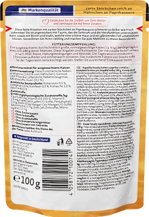 Nassfutter Katze reich an Hähnchen in Paprikasauce, Augenschmaus  Dein Bestes