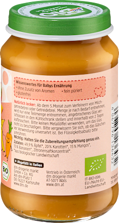 Früchte Karotte, Apfel, Mango, Banane ab dem 5. Monat dmBio