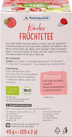 Kindertee, Früchte mit Apfel & Hagebutte (20 Beutel), ab 3 Jahren  dmBio