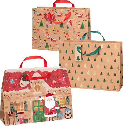 Geschenktasche Schlitten/Bäume/Lebkuchenhaus veredelt NK, maxi quer Profissimo