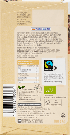 Tavoletta di cioccolato bianco bio con mandorle dmBio