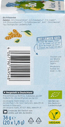 Kräutertee "Aufatmen" mit Krauseminze, Eukalyptus & Zitronenthymian (20 Beutel) dmBio