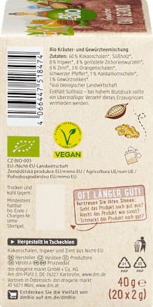 Herbatka czekoladowy czaj Podróż do Orientu, łupiny kakaowca, imbir & cynamon (20 x 2 g) dmBio