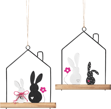 Metallhaus mit Holzhasen zum Aufhängen, schwarz/weiß/pink BOLTZE