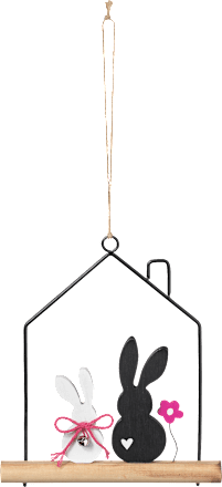 Metallhaus mit Holzhasen zum Aufhängen, schwarz/weiß/pink BOLTZE