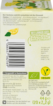 Früchtetee "Dein Glücksmoment" mit Basilikum, Zitrone & süße Brombeerblätter (20 Beutel) dmBio