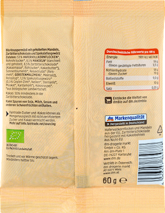 Bio hrustljavi muesli z mandlji, temno čokolado in začimbami spekulatius dmBio