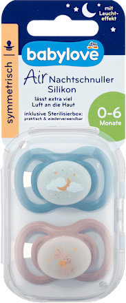 Éjszakai nyugtató cumi Air, szimmetrikus, 1-es méret 0-6 hónap, sterilizálódobozzal babylove