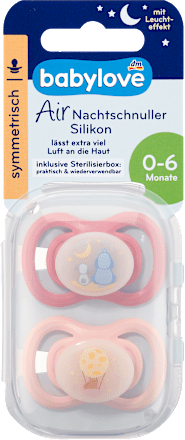 Éjszakai nyugtató cumi Air, szimmetrikus, 1-es méret 0-6 hónap, sterilizálódobozzal babylove