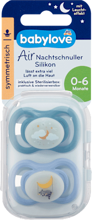 Éjszakai nyugtató cumi Air, szimmetrikus, 1-es méret 0-6 hónap, sterilizálódobozzal babylove