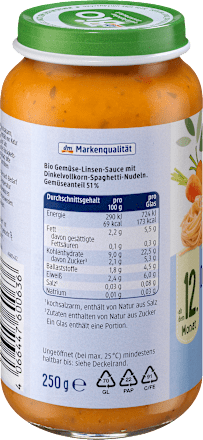 Menü Dinkelspaghetti mit Linsenbolognese ab dem 12.Monat dmBio
