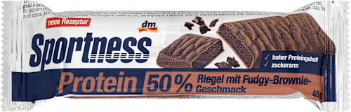 Fehérjeszelet 50% fehérjével, ragacsos brownie ízű, maltit-tejcsokoládé bevonattal, édesítőszerekkel Sportness