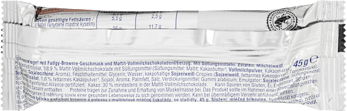 Fehérjeszelet 50% fehérjével, ragacsos brownie ízű, maltit-tejcsokoládé bevonattal, édesítőszerekkel Sportness