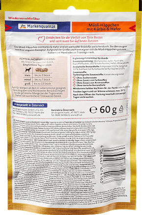 Hrană complementară pentru câini adulți  gustare muesli cu dovleac și ovăz Dein Bestes