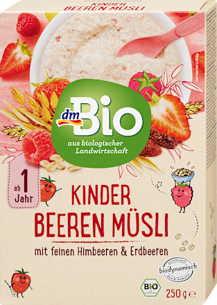 Bio müzli gyerekeknek málnával és eperrel, 1 éves kortól dmBio