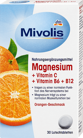 Magnezij + vitamin C + vitamin B6 i B12 pastile s okusom naranče, 30 kom. Mivolis