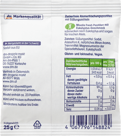 Pastillen Fresh mit Eukalyptus-Geschmack zuckerfrei Mivolis
