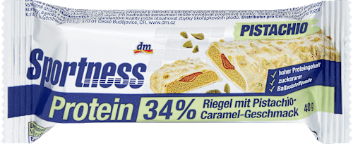 Fehérjeszelet, pisztácia-karamell ízű, fehér maltit-csokoládé-bevonattal, édesítőszerekkel Sportness