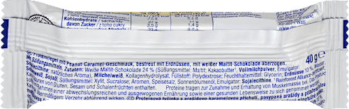 Fehérjeszelet 33%, földimogyoró-karamell ízű, fehér maltit-csokoládé-bevonattal, édesítőszerekkel Sportness
