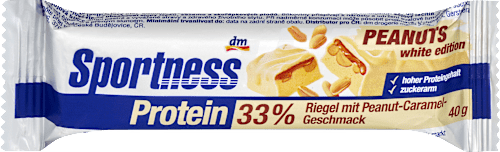 Fehérjeszelet 33%, földimogyoró-karamell ízű, fehér maltit-csokoládé-bevonattal, édesítőszerekkel Sportness