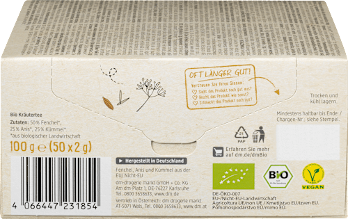Tisana al finocchio Bio, anice Bio e cumino Bio dmBio