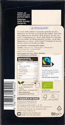 Bio étcsokoládé 90% kakaótartalommal dmBio